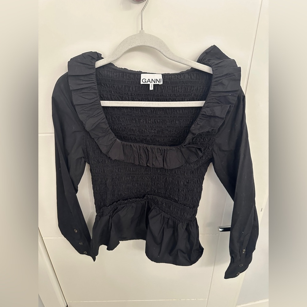Ganni black ruffle collar top
